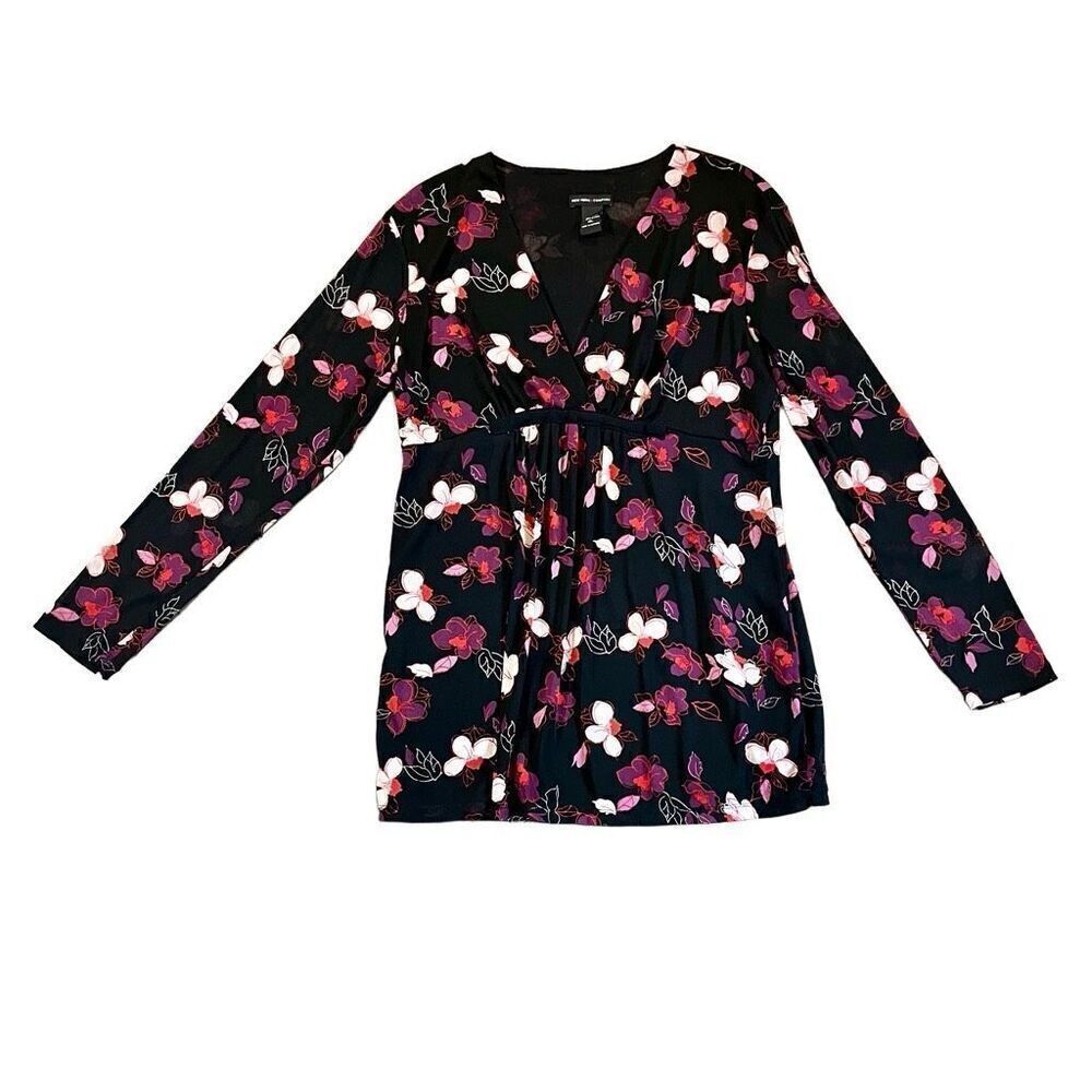 New York & Company Floral V-neck Pleated Long Sleeve Blouse XL